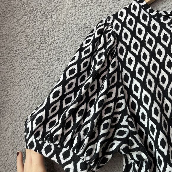 Chicos Top 3 XL Puff Sleeve Diamond Geometric Black White T-Shirt Chic Work - Picture 2 of 12